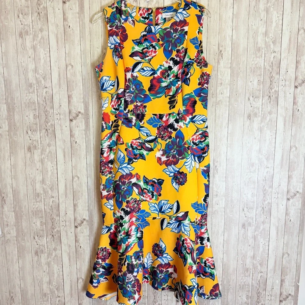 Calvin Klein Yellow Floral Sheath Dress Ruffled Hem - Picture 1 of 8